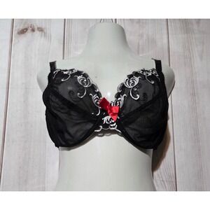 Cacique Black Sheer Mesh White Floral Embroidered Underwire Bra‎ 40DDD Red Bow